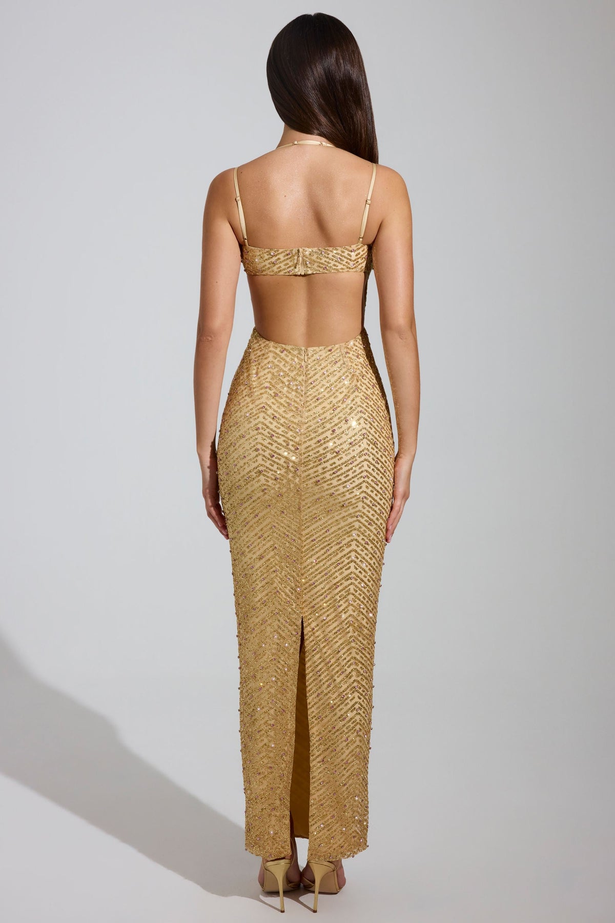 Chic Embellished Cowl-Neck Maxi Dress in Gold