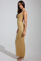 Chic Embellished Cowl-Neck Maxi Dress in Gold