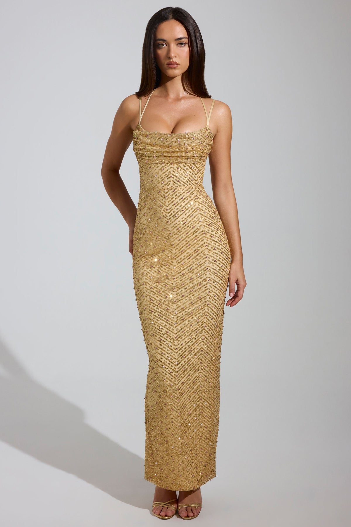 Chic Embellished Cowl-Neck Maxi Dress in Gold
