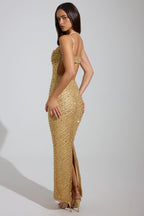 Chic Embellished Cowl-Neck Maxi Dress in Gold