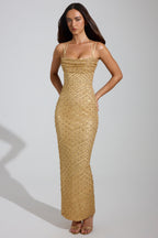 Chic Embellished Cowl-Neck Maxi Dress in Gold