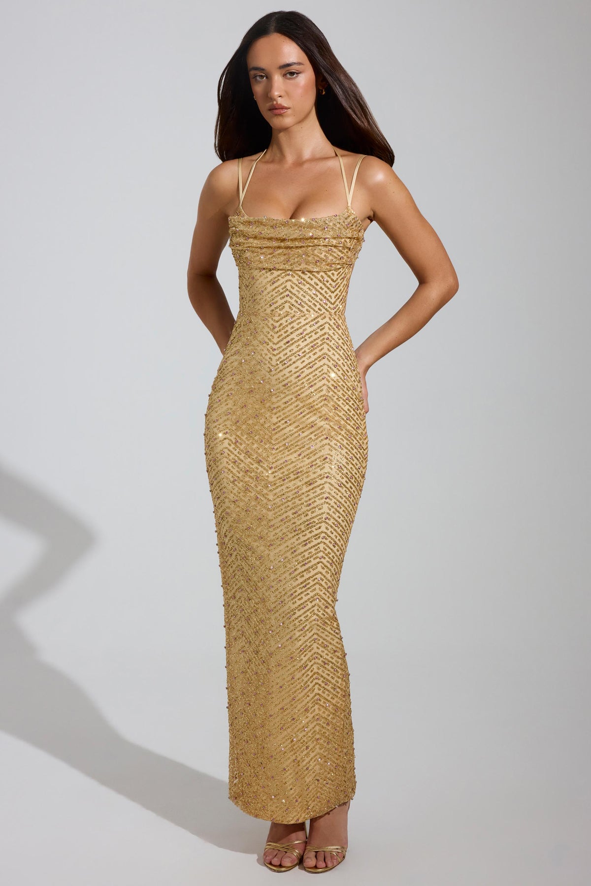 Chic Embellished Cowl-Neck Maxi Dress in Gold