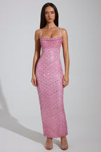 Chic Embellished Cowl-Neck Maxi Dress in Pink