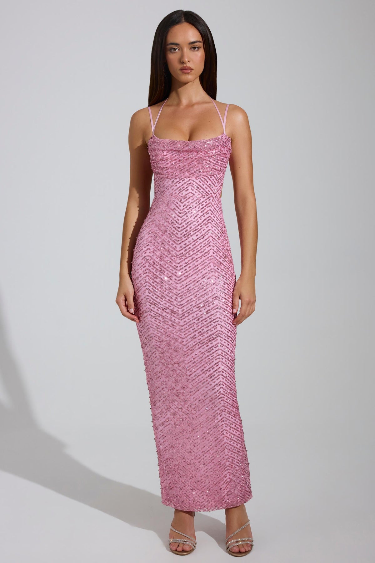 Chic Embellished Cowl-Neck Maxi Dress in Pink