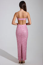 Chic Embellished Cowl-Neck Maxi Dress in Pink