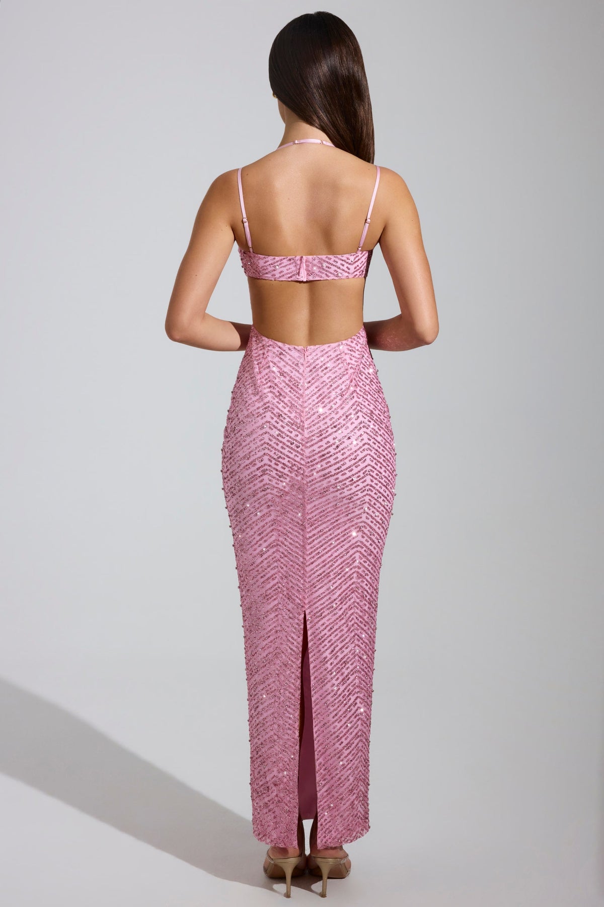 Chic Embellished Cowl-Neck Maxi Dress in Pink