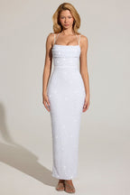 Chic Embellished Cowl-Neck Maxi Dress in White