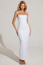 Chic Embellished Cowl-Neck Maxi Dress in White