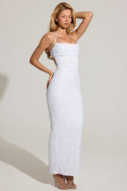 Chic Embellished Cowl-Neck Maxi Dress in White