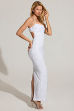 Chic Embellished Cowl-Neck Maxi Dress in White