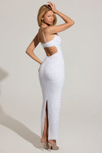 Chic Embellished Cowl-Neck Maxi Dress in White