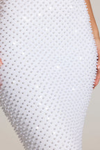Chic Embellished Cowl-Neck Maxi Dress in White