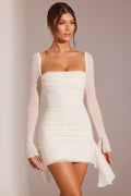 Chic Long Sleeve Embellished Cowl Neck Mini Dress in White
