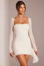 Chic Long Sleeve Embellished Cowl Neck Mini Dress in White