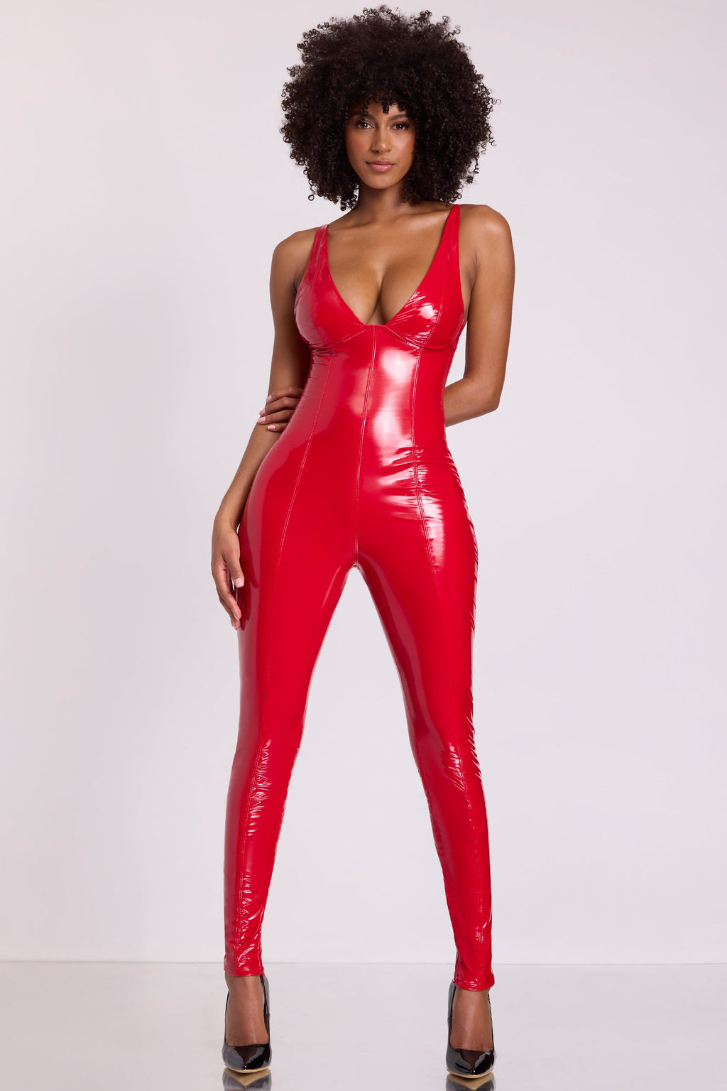 Chic Vinyl Plunge Neck Catsuit in Fire Red