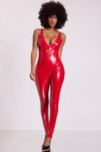 Chic Vinyl Plunge Neck Catsuit in Fire Red