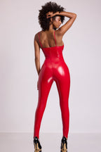 Chic Vinyl Plunge Neck Catsuit in Fire Red