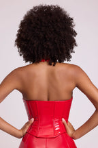 Chic Vinyl Halter Neck Lace Up Corset Crop Top in Fire Red