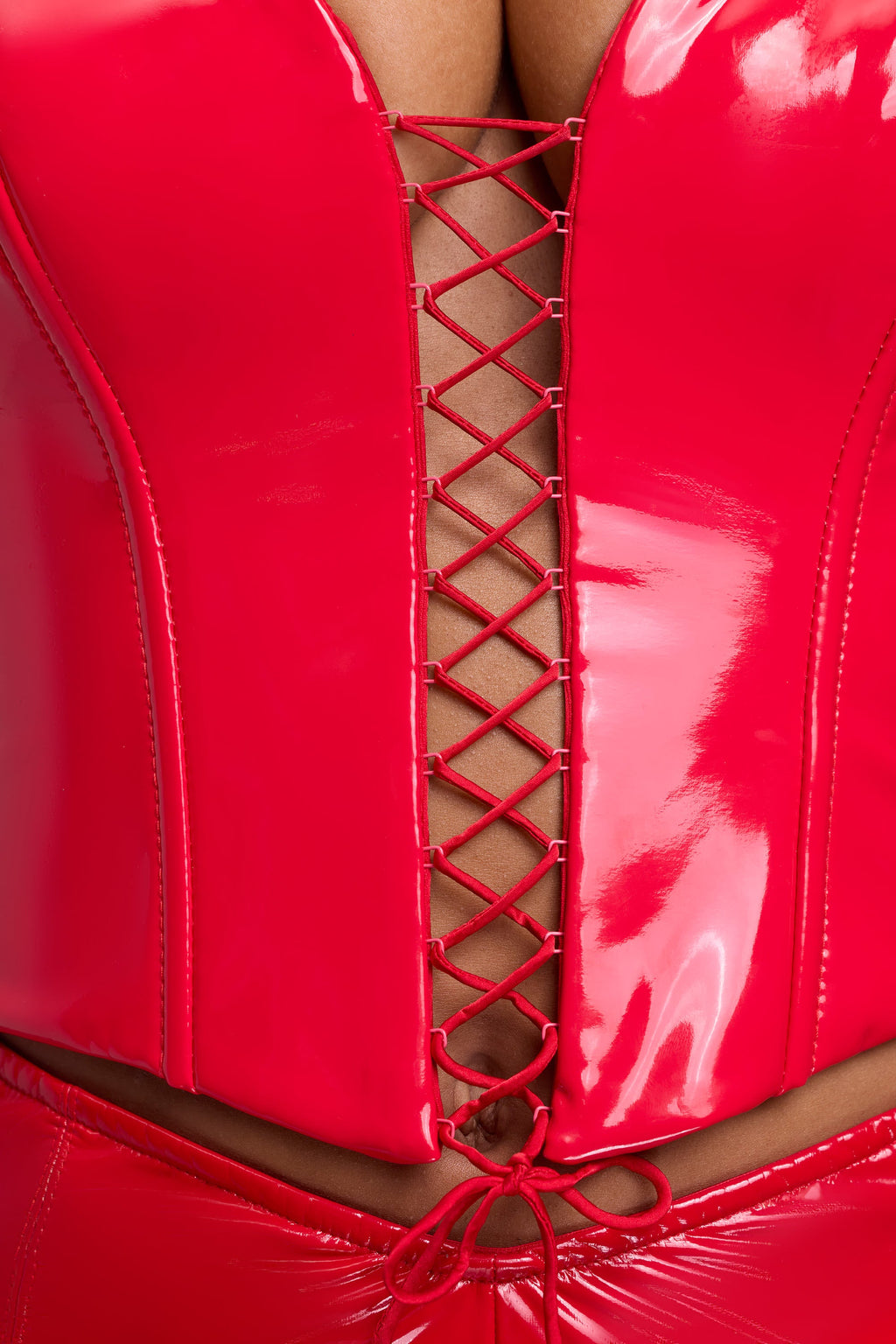Chic Vinyl Halter Neck Lace Up Corset Crop Top in Fire Red