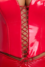 Chic Vinyl Halter Neck Lace Up Corset Crop Top in Fire Red