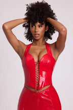 Chic Vinyl Halter Neck Lace Up Corset Crop Top in Fire Red