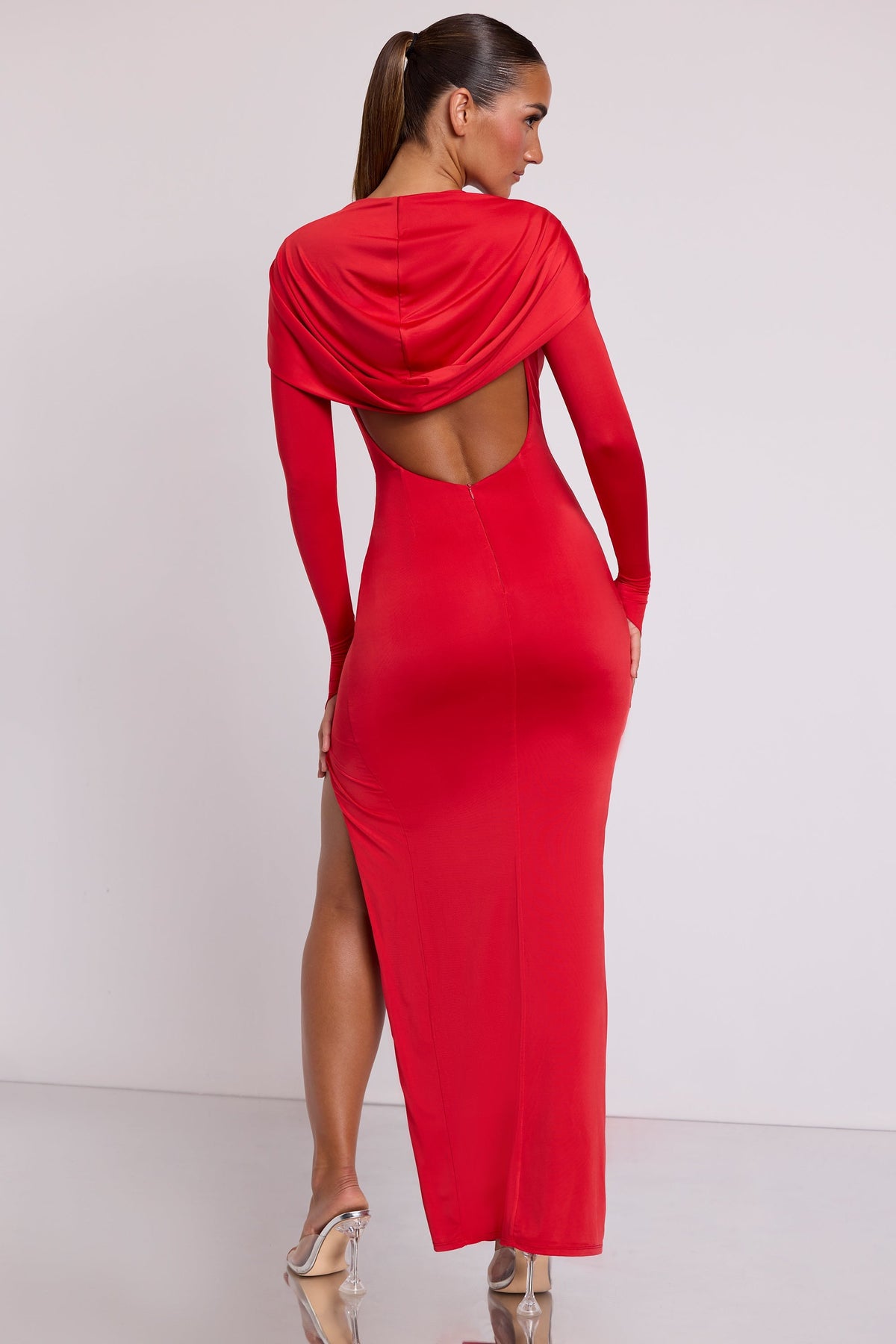 Chic Hooded Long Sleeve Maxi Dress in Fire Red