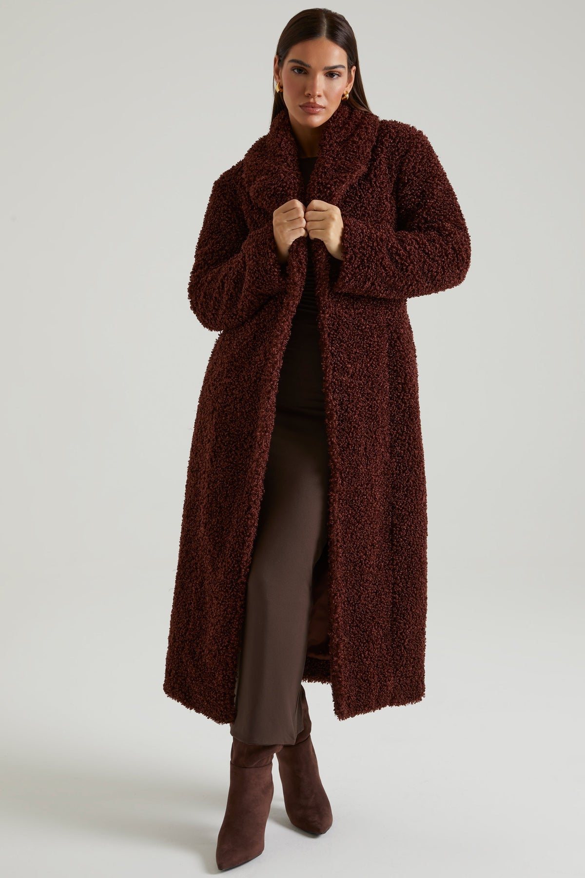 Chic Long Shearling Coat in Brown