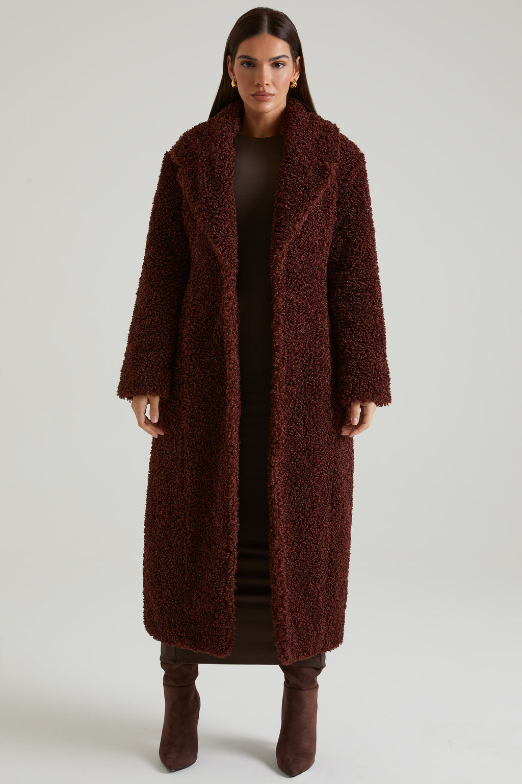 Chic Long Shearling Coat in Brown