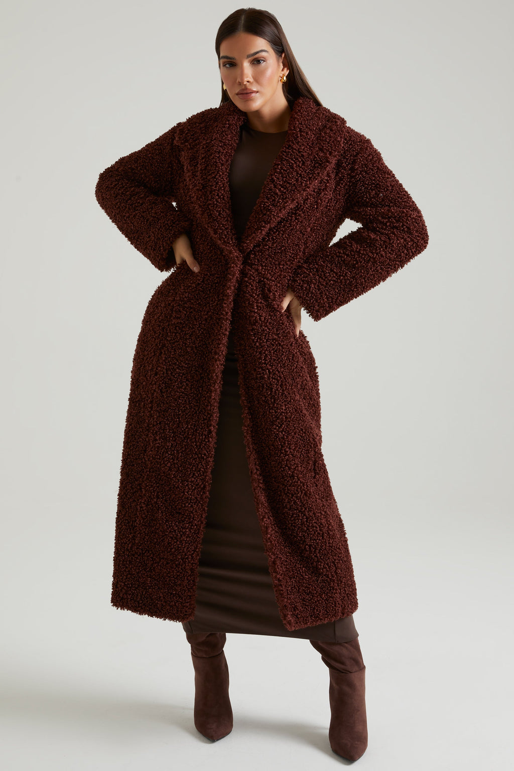 Chic Long Shearling Coat in Brown