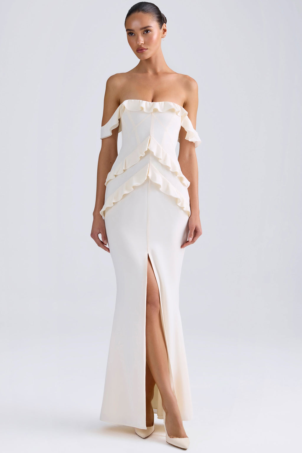 Chic Off-Shoulder Ruffle-Trim Gown in Ivory