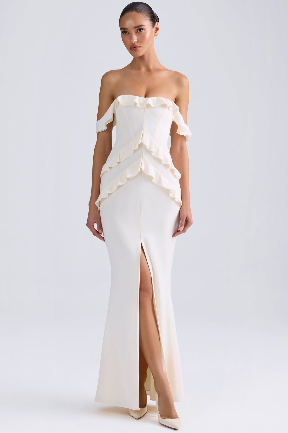 Chic Off-Shoulder Ruffle-Trim Gown in Ivory