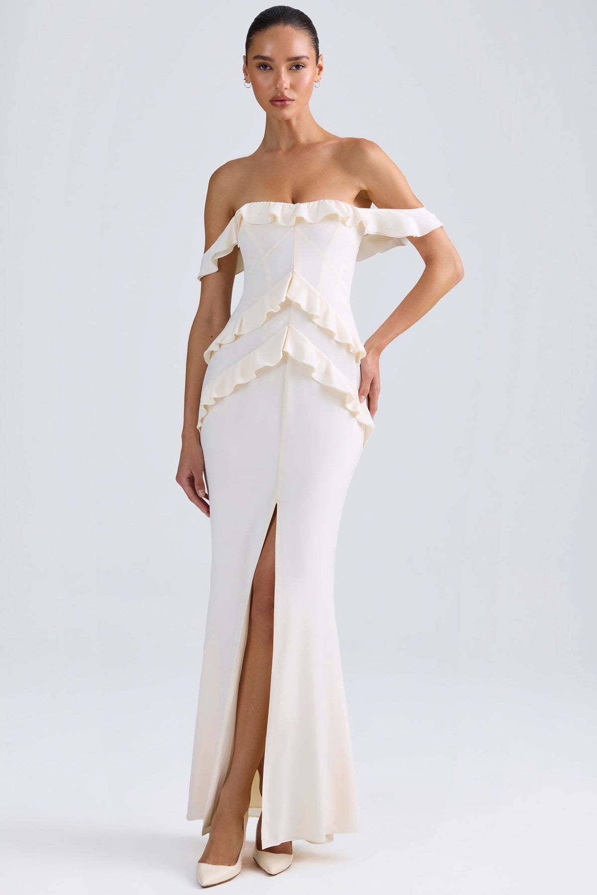 Chic Off-Shoulder Ruffle-Trim Gown in Ivory