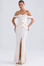 Chic Off-Shoulder Ruffle-Trim Gown in Ivory