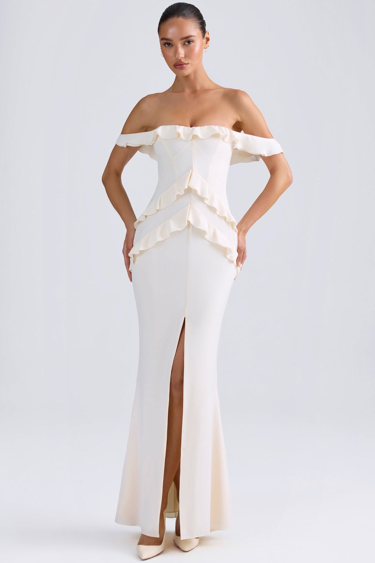 Chic Off-Shoulder Ruffle-Trim Gown in Ivory