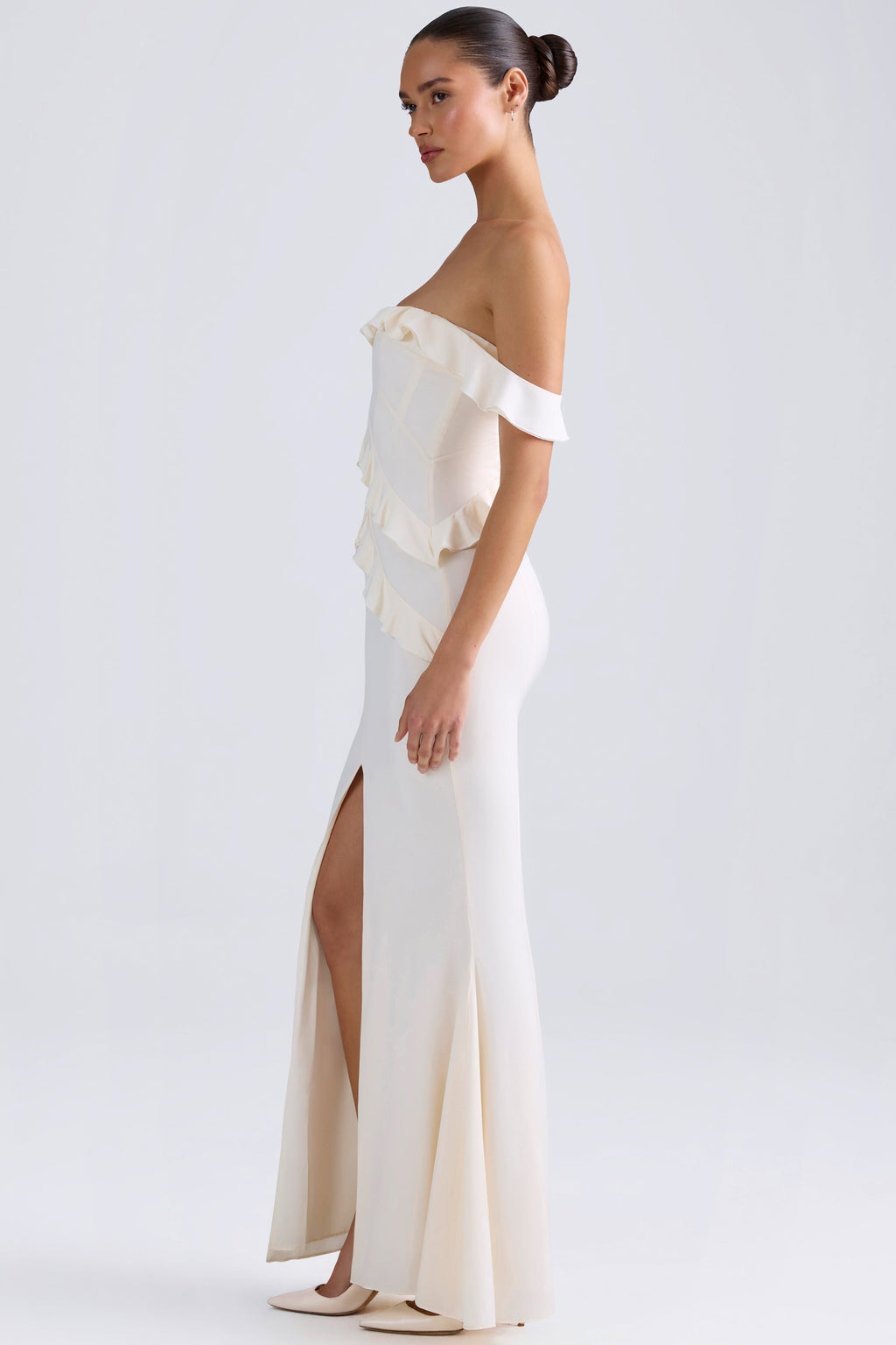 Chic Off-Shoulder Ruffle-Trim Gown in Ivory