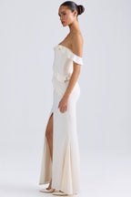 Chic Off-Shoulder Ruffle-Trim Gown in Ivory