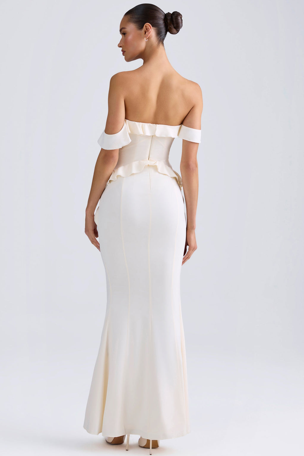 Chic Off-Shoulder Ruffle-Trim Gown in Ivory