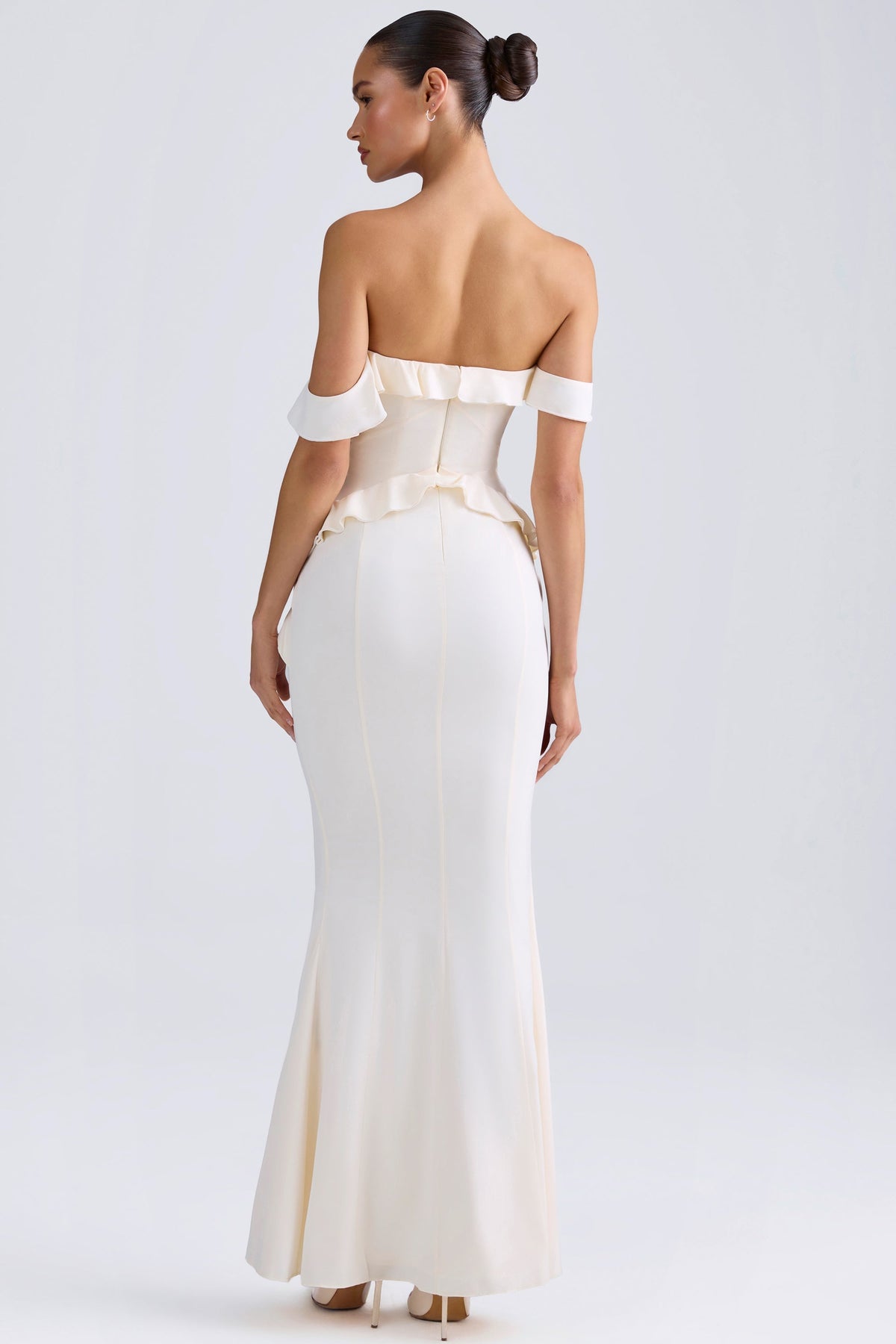 Chic Off-Shoulder Ruffle-Trim Gown in Ivory
