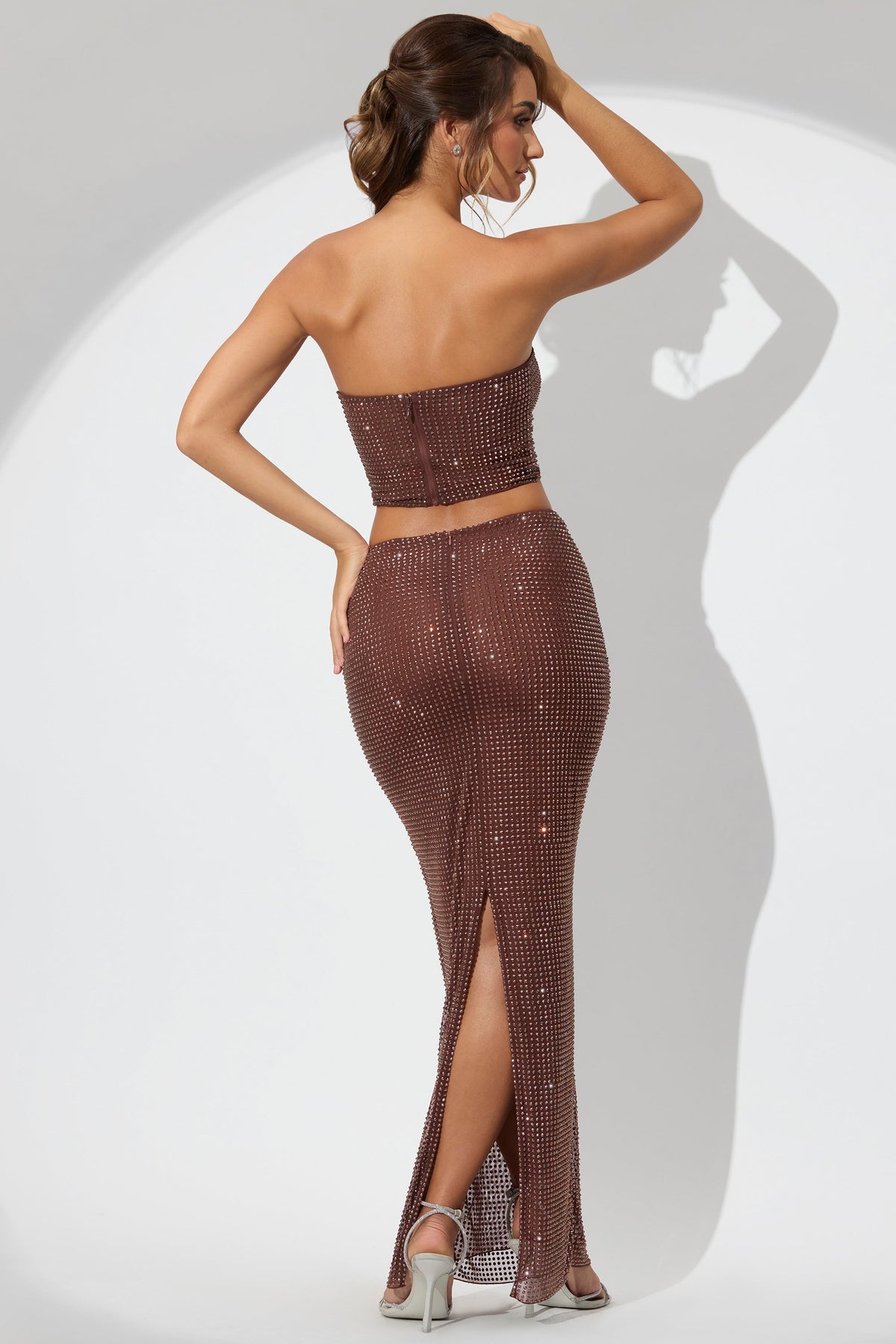 Chic Embellished Mid Rise Maxi Skirt in Espresso