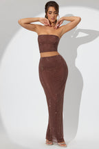 Chic Embellished Mid Rise Maxi Skirt in Espresso