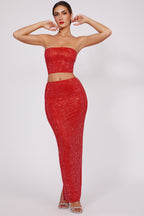 Chic Embellished Mid Rise Maxi Skirt in Fire Red