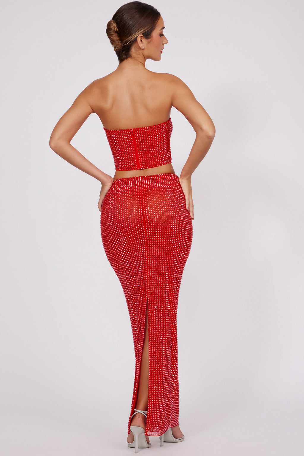 Chic Embellished Mid Rise Maxi Skirt in Fire Red