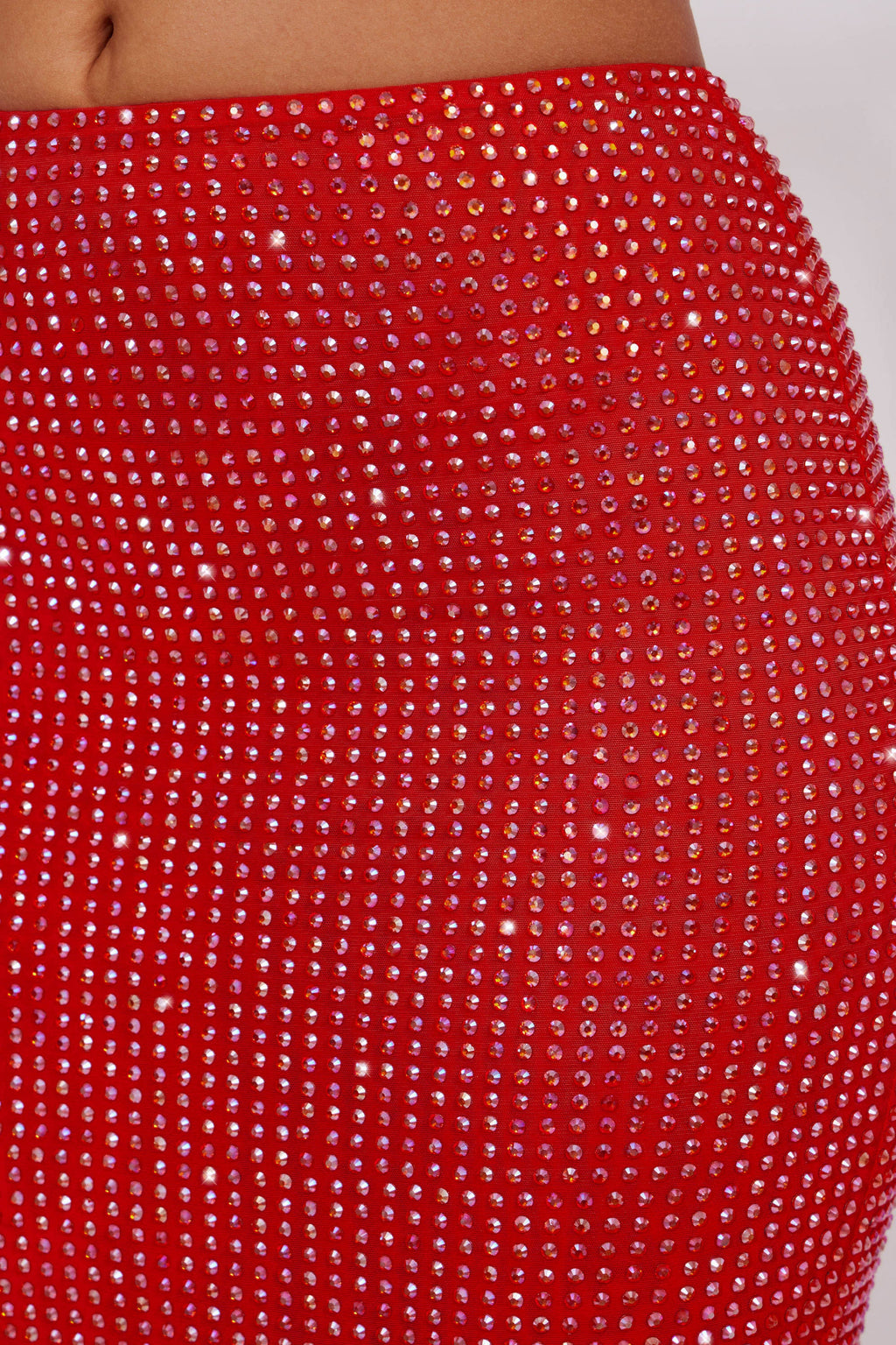 Chic Embellished Mid Rise Maxi Skirt in Fire Red