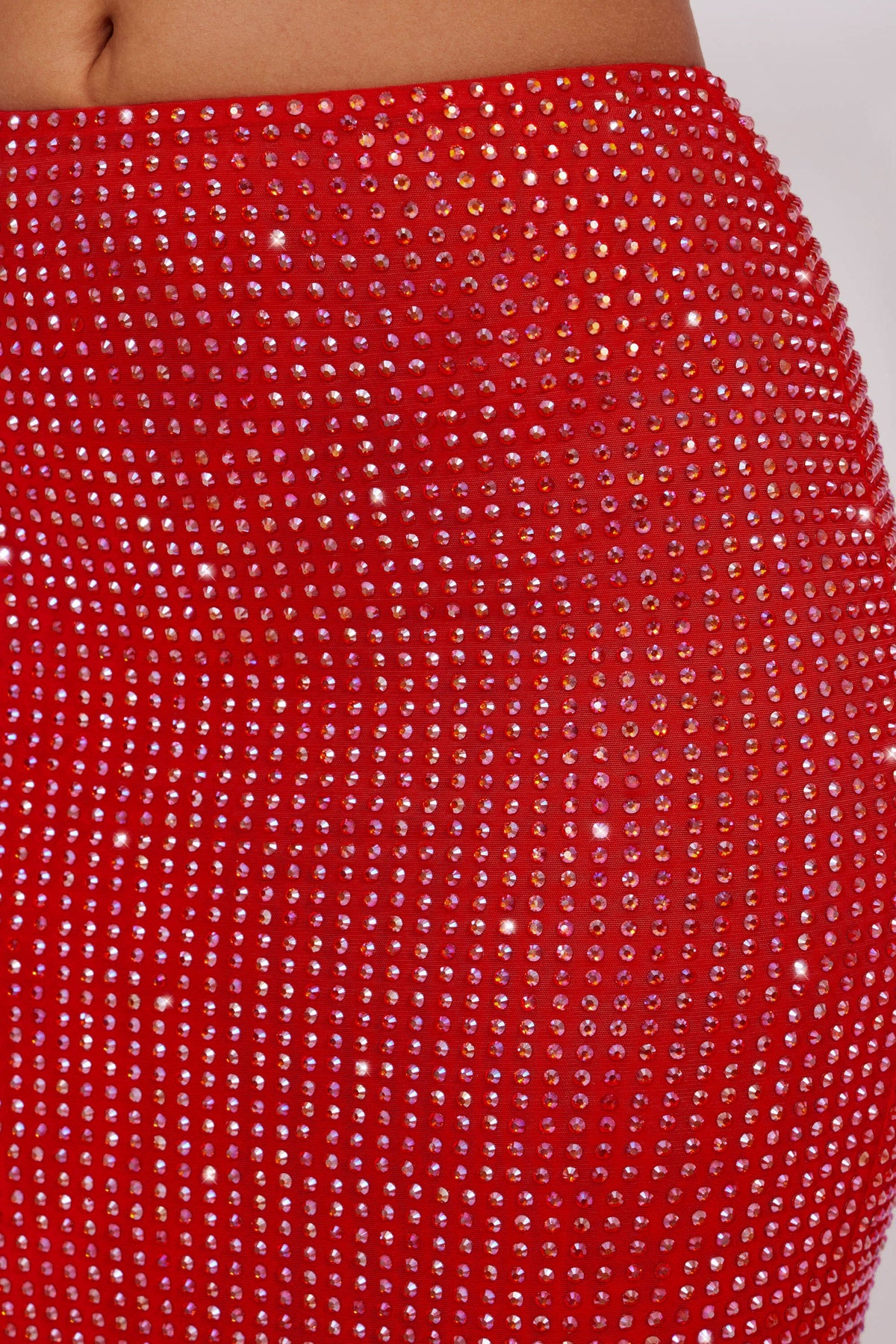 Chic Embellished Mid Rise Maxi Skirt in Fire Red