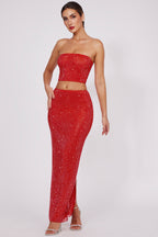 Chic Embellished Mid Rise Maxi Skirt in Fire Red