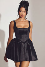 Chic Woven Taffeta Corset Mini Dress in Jet Black