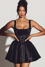 Chic Woven Taffeta Corset Mini Dress in Jet Black