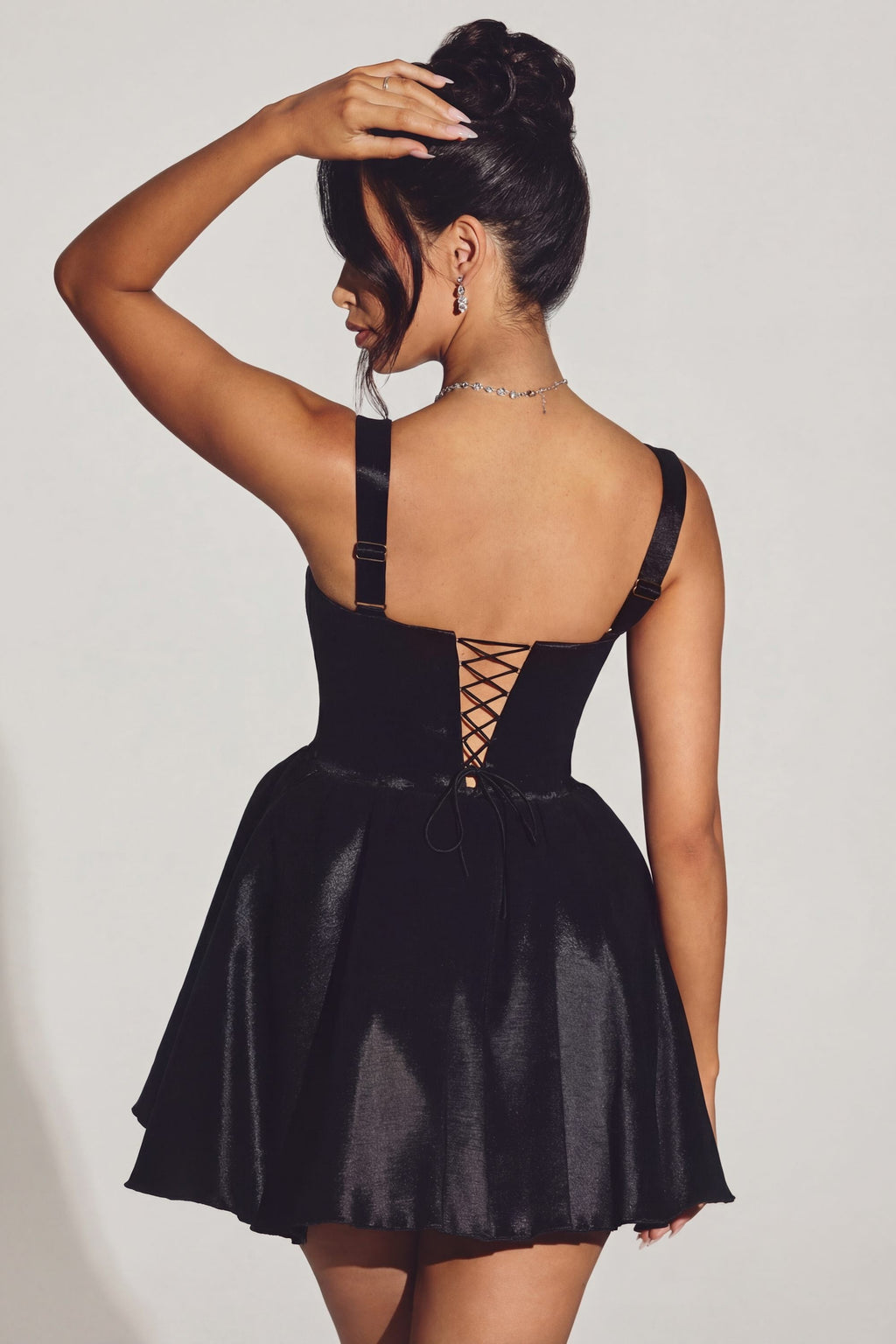 Chic Woven Taffeta Corset Mini Dress in Jet Black