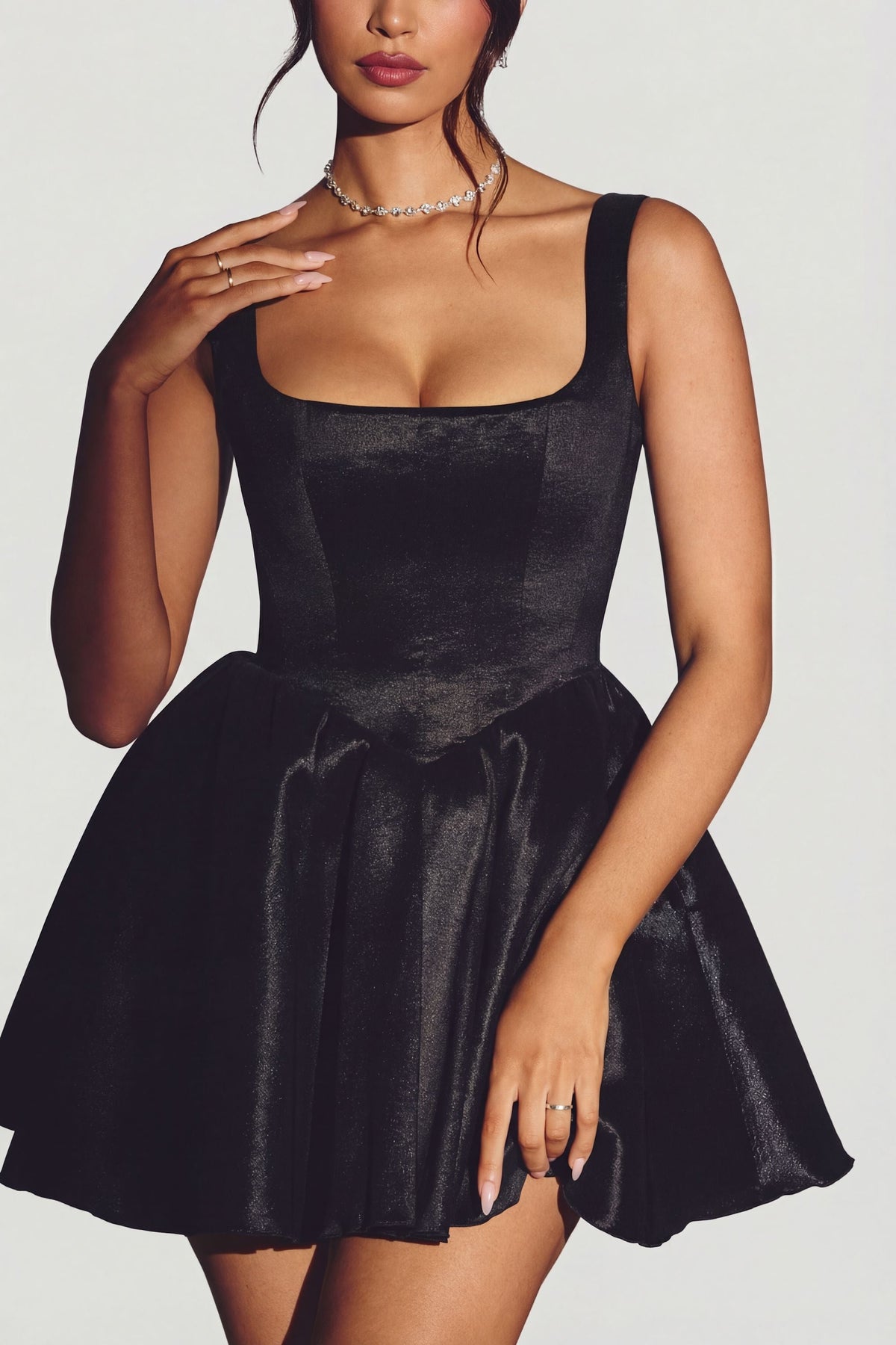 Chic Woven Taffeta Corset Mini Dress in Jet Black