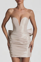 Chic Satin Bow-Detail Strapless Mini Dress in Ivory